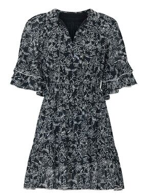 Parker Lindsay Dress BlK White Floral Ruffle Mini Dress SZ Med Summer Vacation